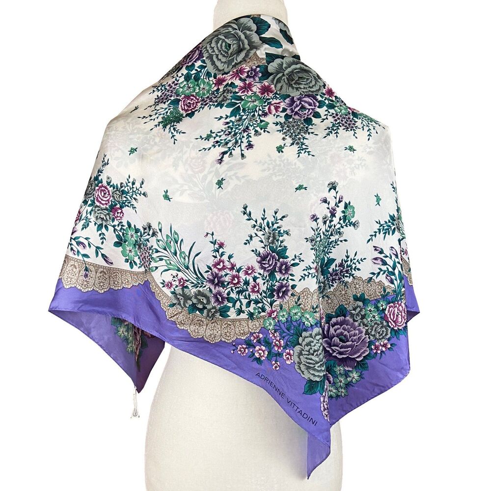 Vintage Adrienne Vittadini Silk Scarf Purple Floral 34-inches x 35-inches